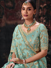 Aqua Blue Embroidered Designer Satin Silk Saree, blouse close-up