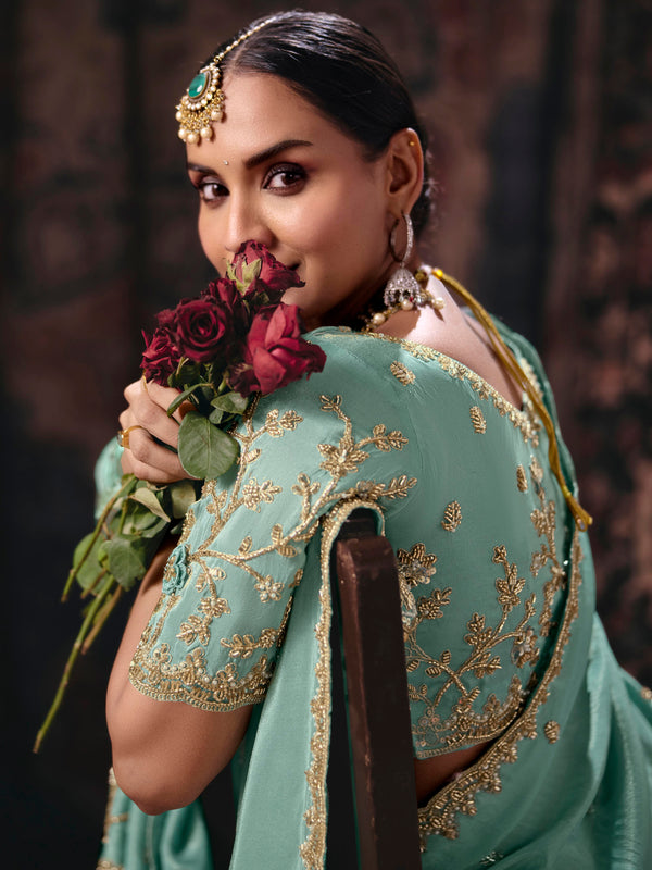 Aqua Blue Embroidered Designer Satin Silk Saree, back view