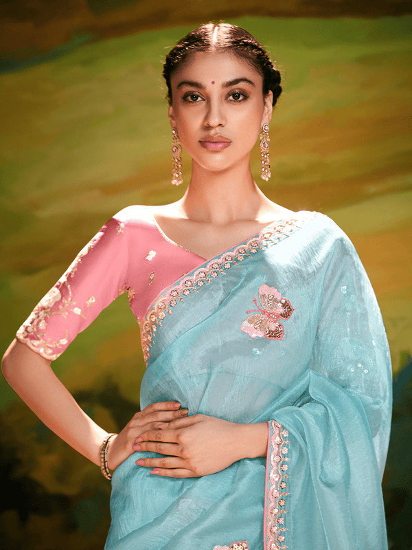 Aqua Blue Organza Designer Saree with Butterfly Work