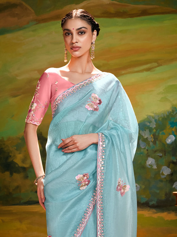 Aqua Blue Organza Designer Saree with Butterfly Work