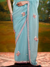 Aqua Blue Organza Designer Saree with Butterfly Work