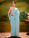 Aqua Blue Organza Designer Saree with Butterfly Work