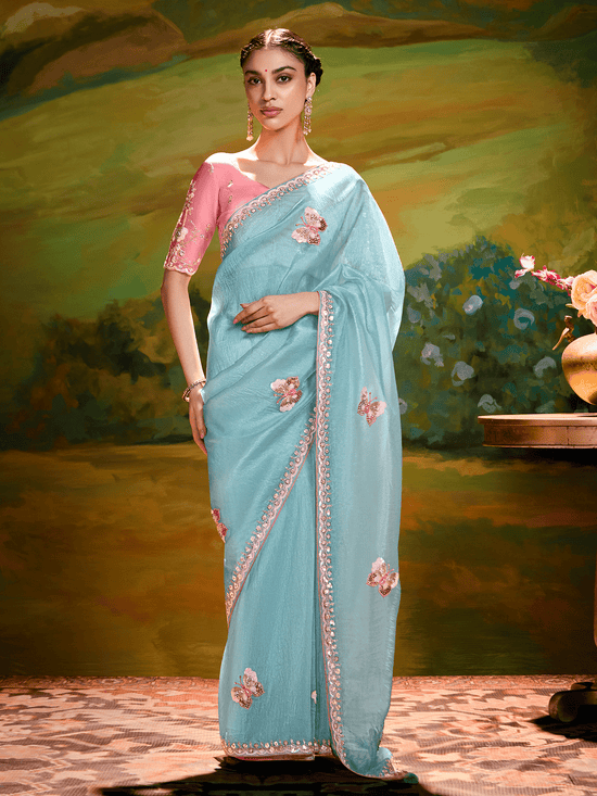 Aqua Blue Organza Designer Saree with Butterfly Work