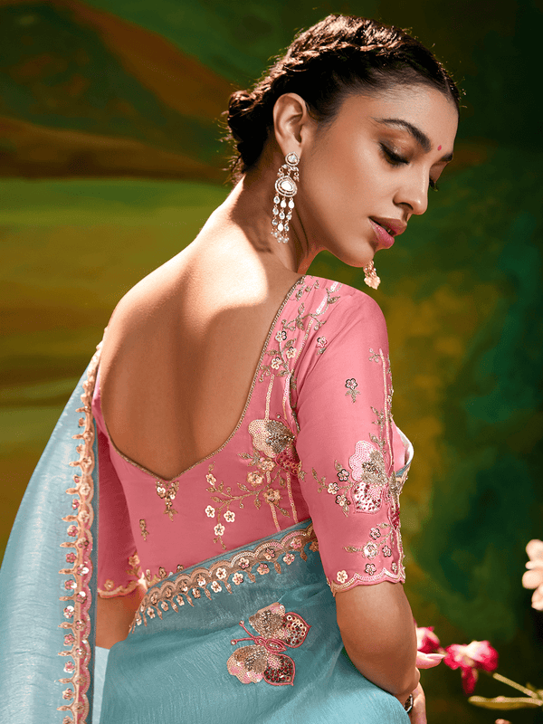 Aqua Blue Organza Designer Saree with Butterfly Work