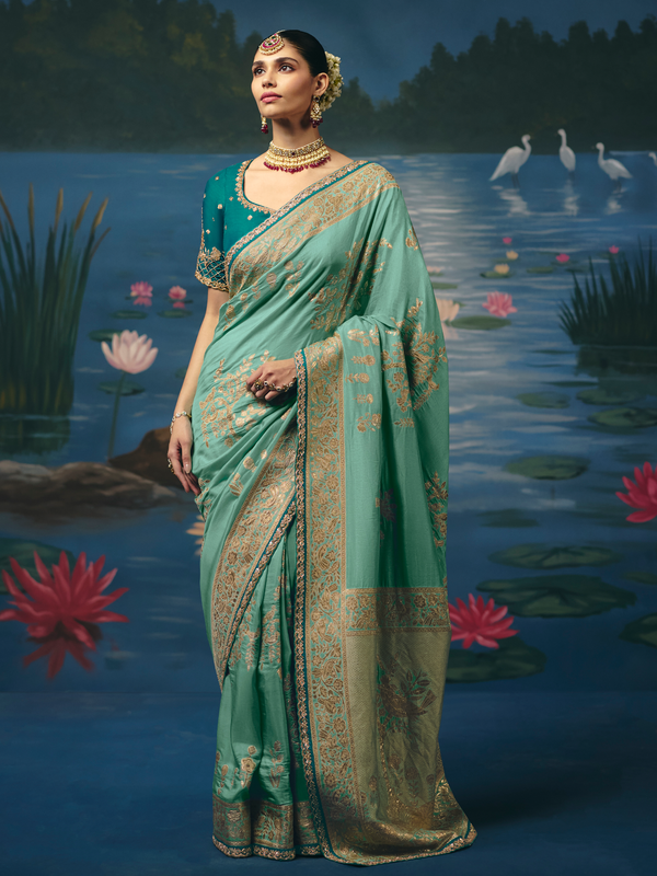 Aqua Green Banarasi Dola Silk Saree With Contrast Blouse