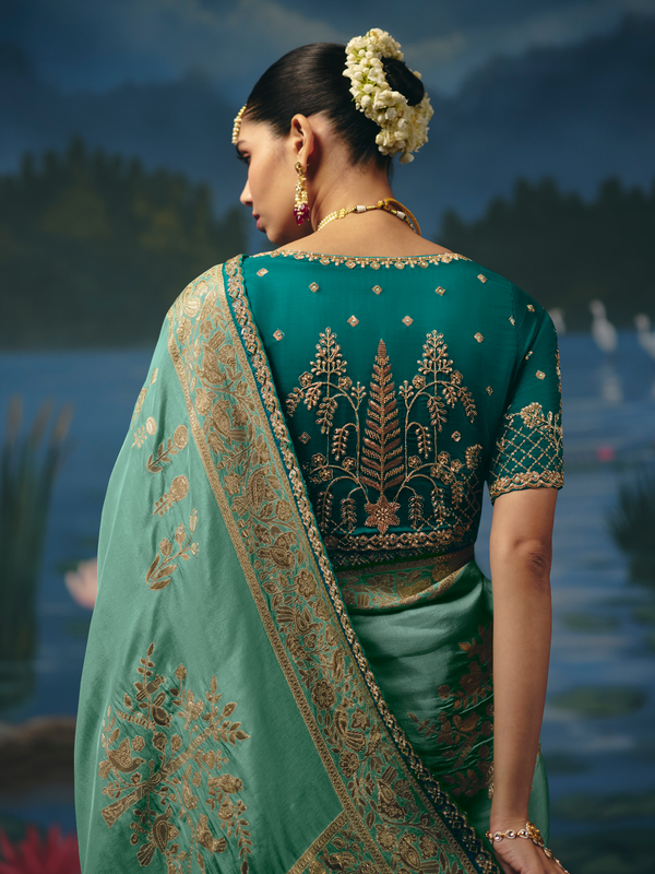 Aqua Green Banarasi Dola Silk Saree, back view