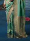Aqua Green Banarasi Dola Silk Saree, border and drape