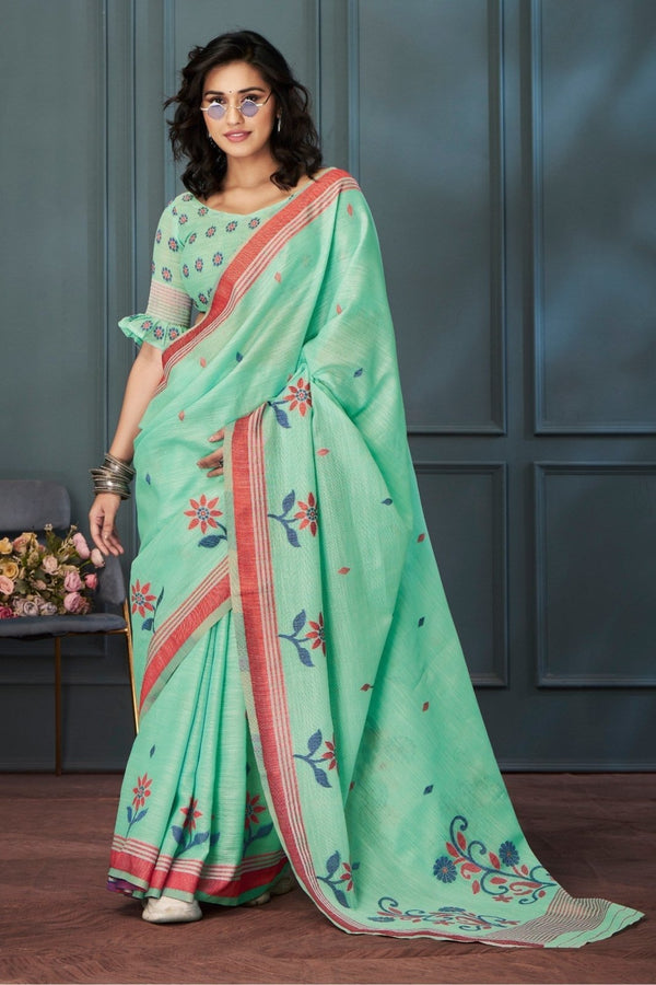 Aqua Green Handloom Linen Saree