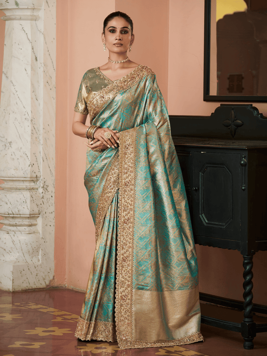 Aqua Teal Banarasi Tissue Silk Saree