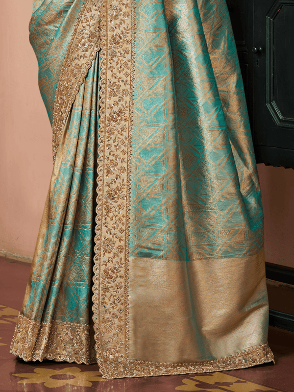Aqua Teal Banarasi Tissue Silk Saree