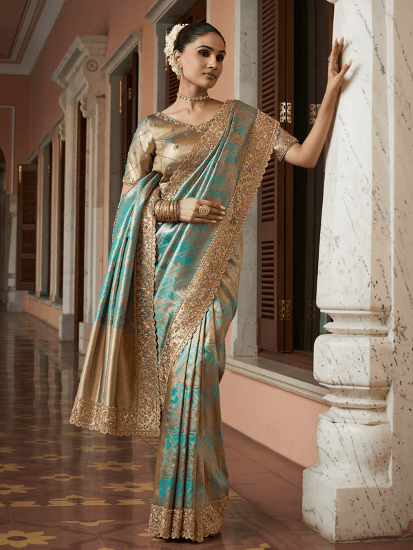 Aqua Teal Banarasi Tissue Silk Saree
