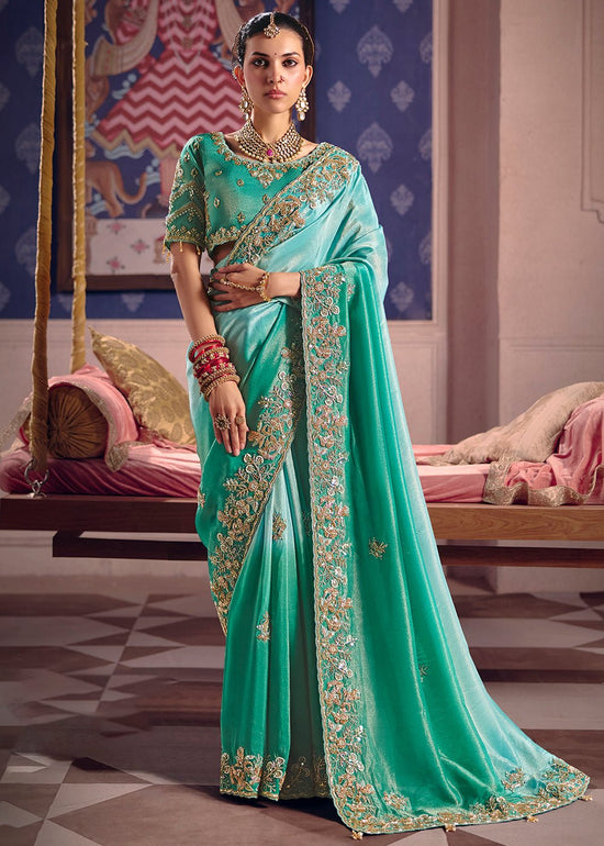 Aqua Teal Zari Tissue Designer Embroidered Saree