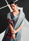 Grey Blue Woven Designer Linen Cotton Saree