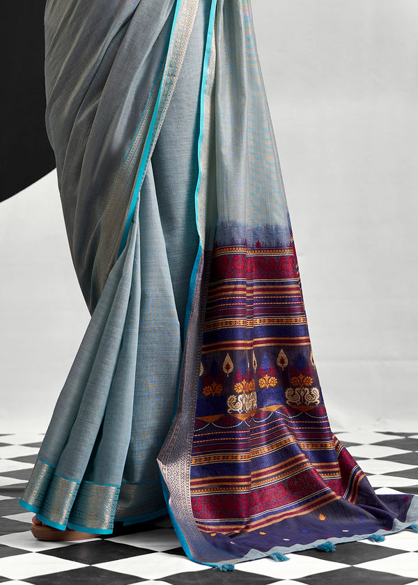 Grey Blue Woven Designer Linen Cotton Saree