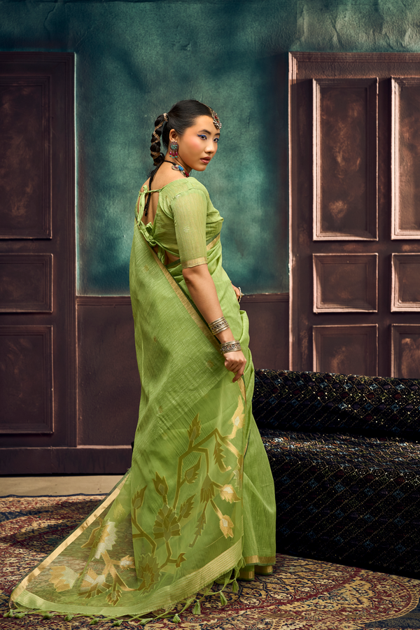 Pista Green Banarasi Cotton Silk Saree