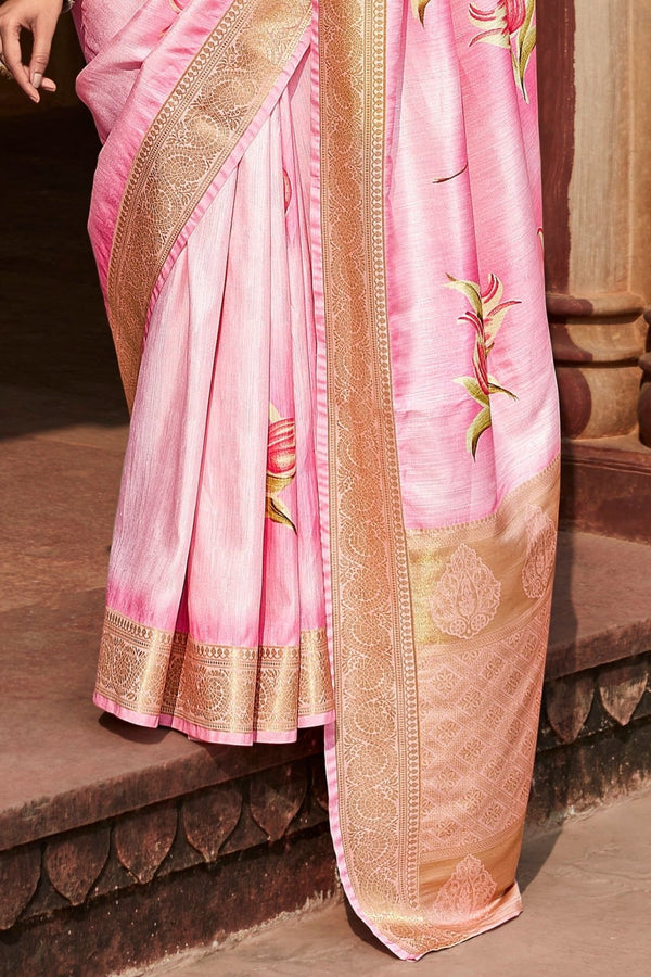 Baby Pink Banarasi Digital Printed Saree