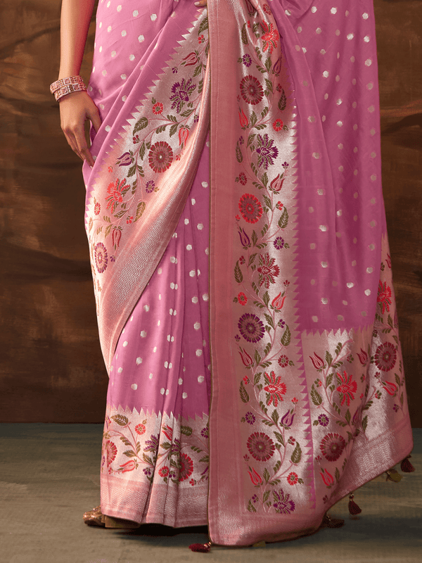 Baby Pink Banarasi Organza Silk Saree With Contrast Blouse