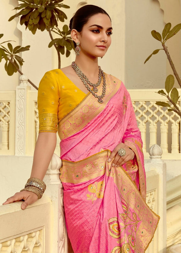 Baby Pink Banarasi Silk Saree With Contrast Blouse