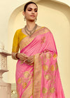 Baby Pink Banarasi Silk Saree With Contrast Blouse