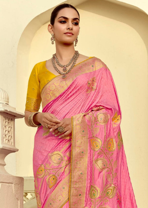 Baby Pink Banarasi Silk Saree With Contrast Blouse