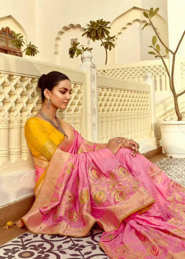 Baby Pink Banarasi Silk Saree With Contrast Blouse