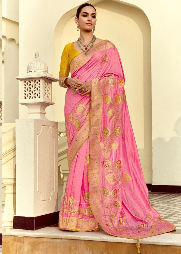Baby Pink Banarasi Silk Saree With Contrast Blouse