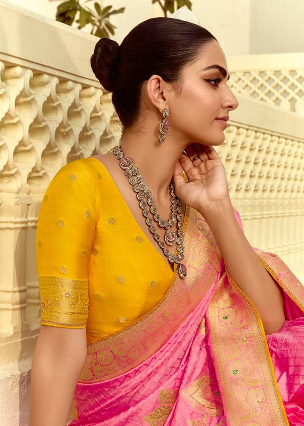 Baby Pink Banarasi Silk Saree With Contrast Blouse