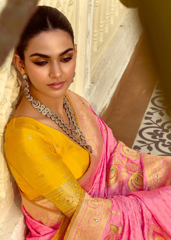 Baby Pink Banarasi Silk Saree With Contrast Blouse