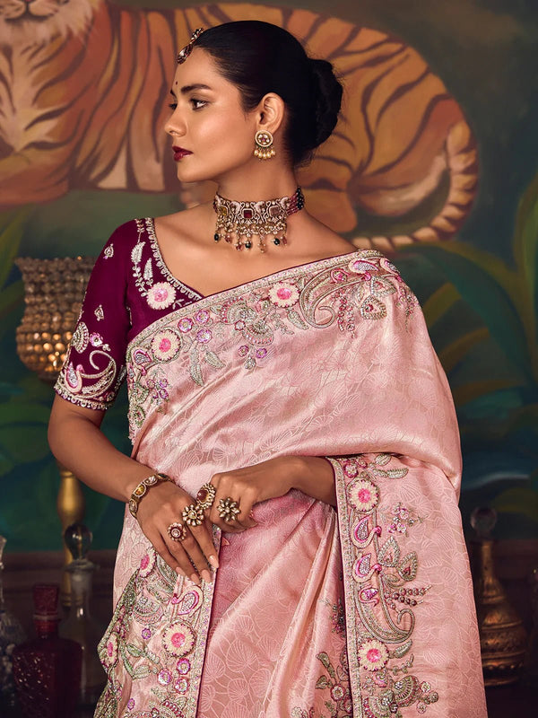 Baby Pink Designer Tissue Silk Saree with Contrast Blouse