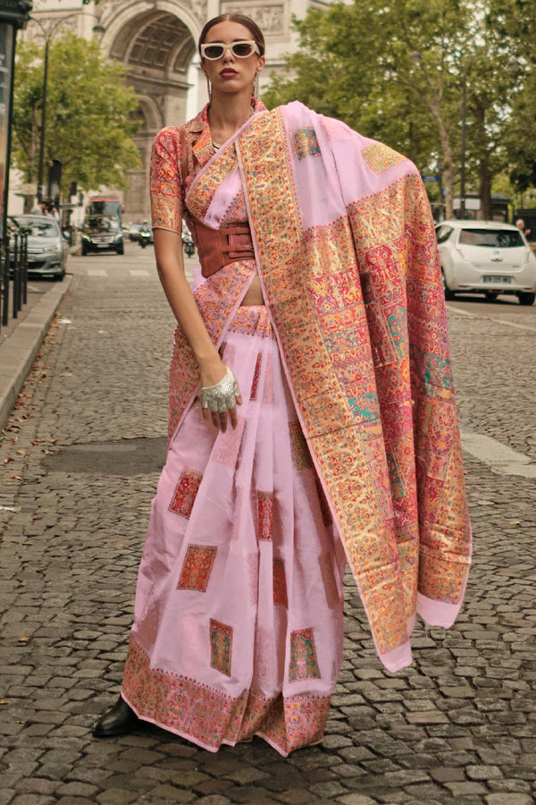 Baby Pink Kashmiri Jamawar Handloom Silk Saree