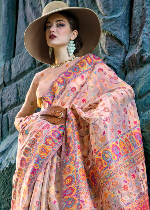 Baby Pink Kashmiri Jamawar Organza Silk Saree