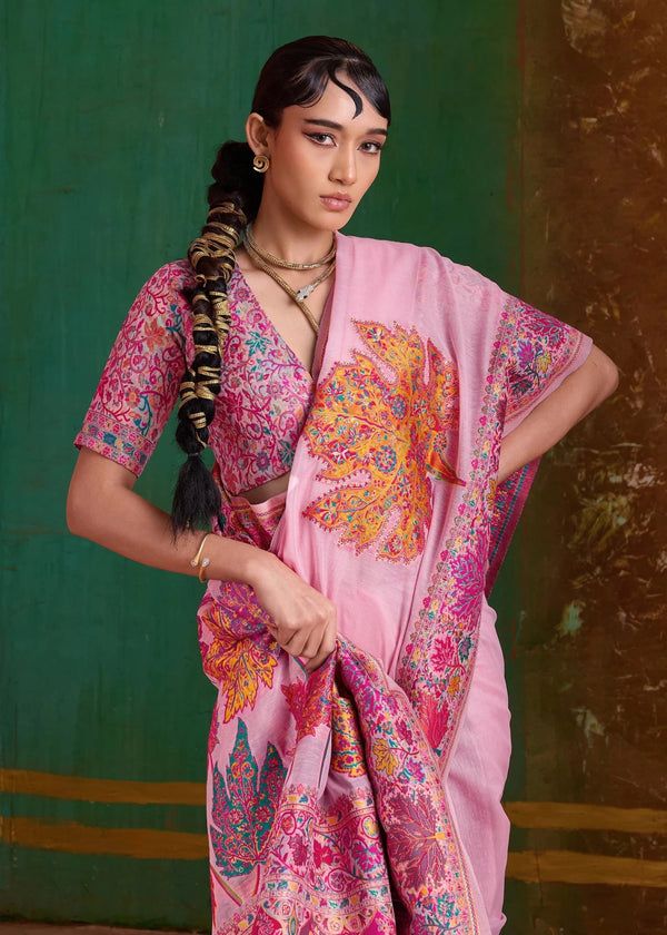 Baby Pink Kashmiri Kani Jamawar Cotton Saree