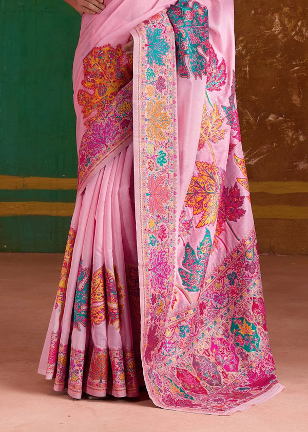 Baby Pink Kashmiri Kani Jamawar Cotton Saree