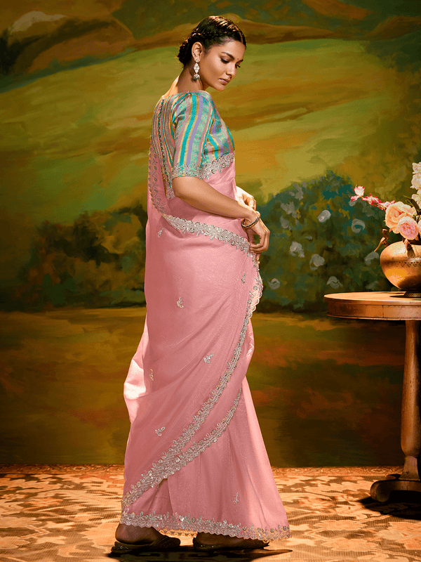 Baby Pink Organza Designer Saree