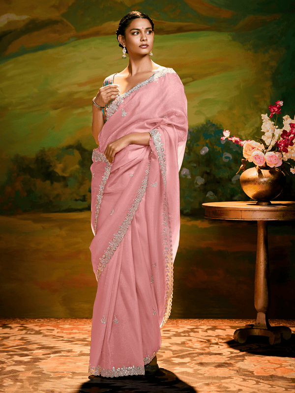 Baby Pink Organza Designer Saree