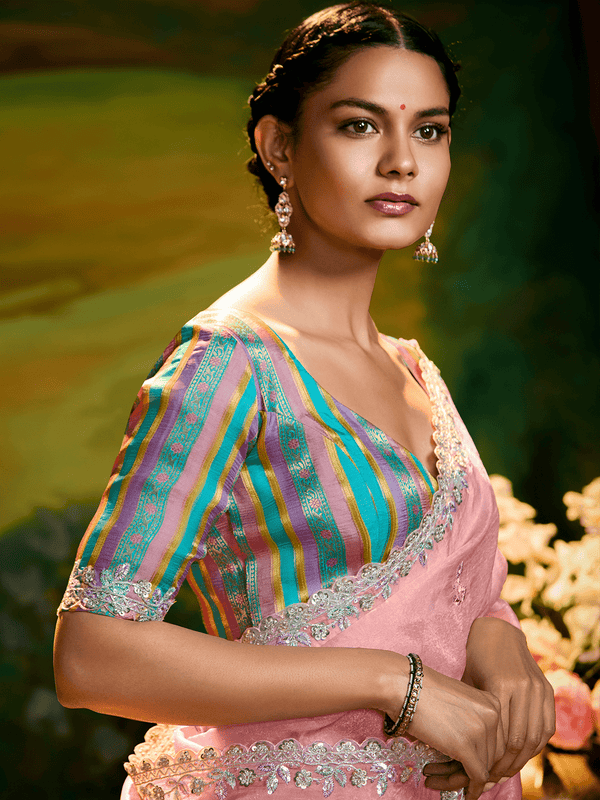 Baby Pink Organza Designer Saree