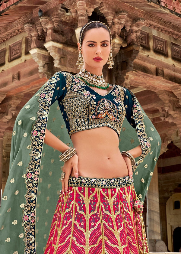 Banarasi Lehenga Choli in Olive Green and Multicolor