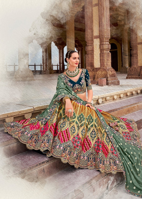 Banarasi Lehenga Choli in Olive Green and Multicolor