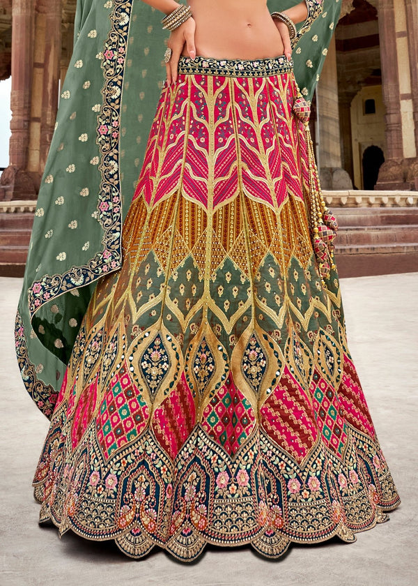 Banarasi Lehenga Choli in Olive Green and Multicolor