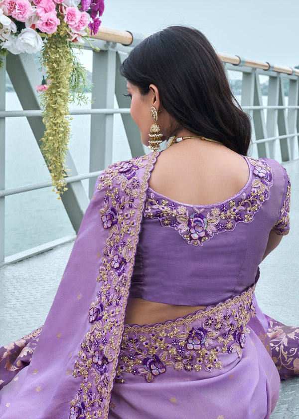 Beautiful Purple Embroidered Designer Tissue Silk Saree