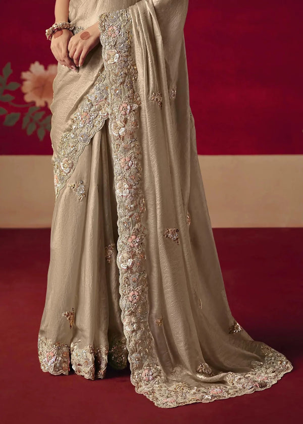 Beige Gold Designer Silk Saree with Contrast Blouse