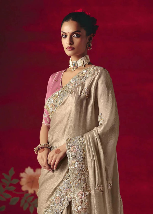 Beige Gold Designer Silk Saree with Contrast Blouse