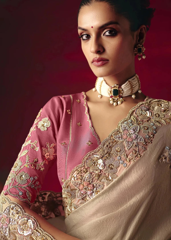 Beige Gold Designer Silk Saree with Contrast Blouse