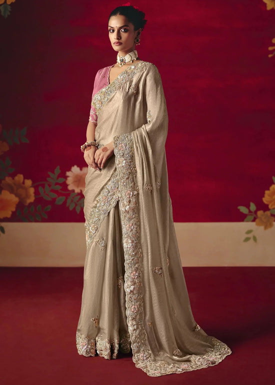 Beige Gold Designer Silk Saree with Contrast Blouse