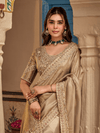 Beige Gold Embroidered Designer Tissue Silk Saree