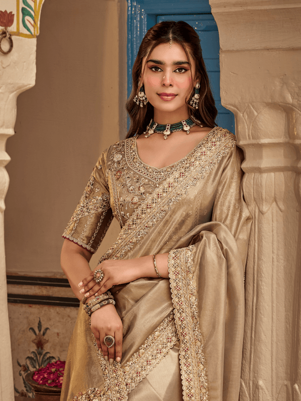 Beige Gold Embroidered Designer Tissue Silk Saree