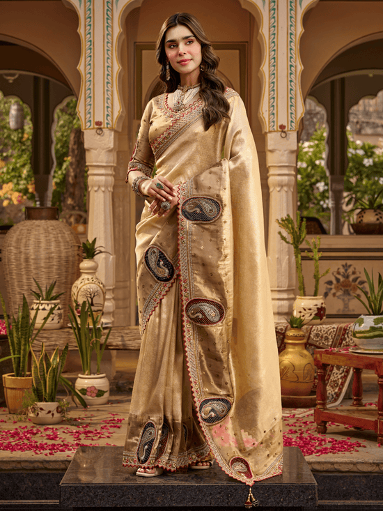 Beige Gold Embroidered Designer Tissue Silk Saree
