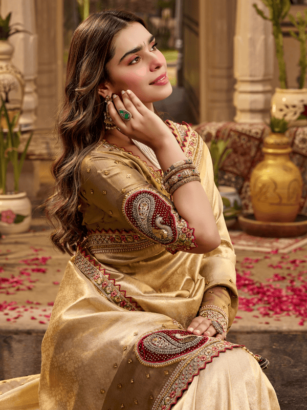 Beige Gold Embroidered Designer Tissue Silk Saree