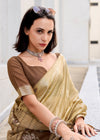 Beige Gold Zari Woven Soft Silk Saree With Ikat Pallu