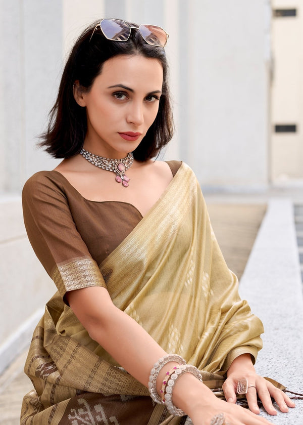 Beige Gold Zari Woven Soft Silk Saree With Ikat Pallu